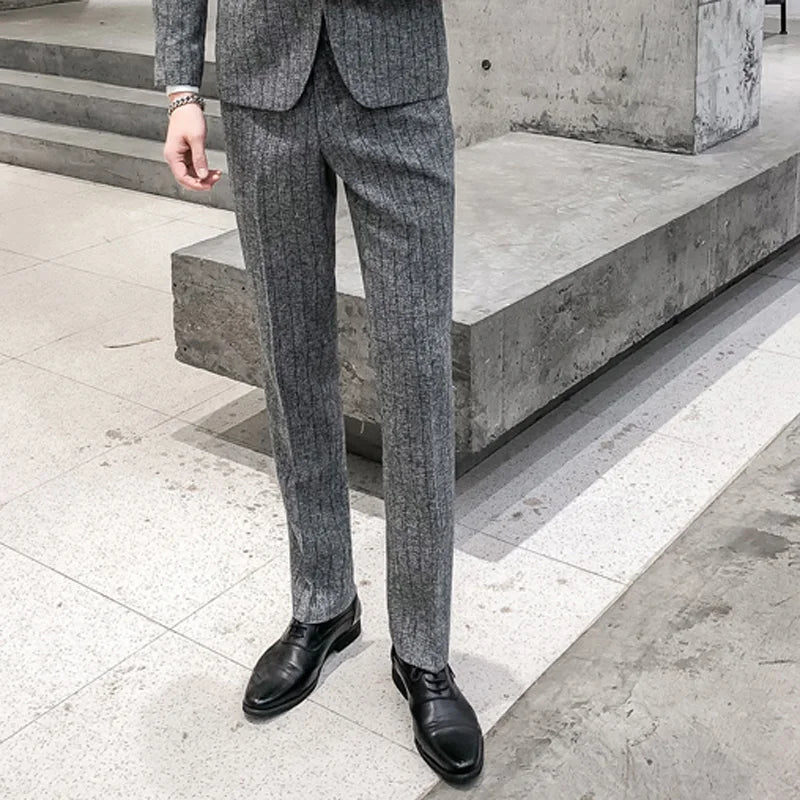 2025 New Burgundy Navy Plaid Casual Suit Pants for Men, Beige/Blue Vertical Stripe Non-Iron Slim Small Leg Work Trousers Men