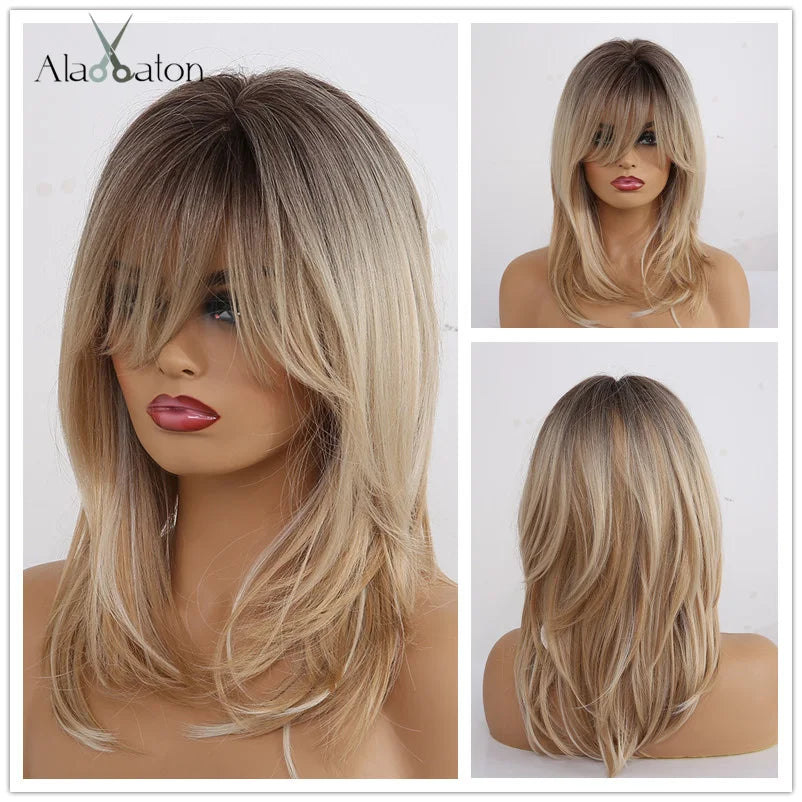 ALAN EATON Long Straight Layered Synthetic Wigs with Bangs Blonde Highlights on Brown Wigs for Black Women Afro Daily Party Hair