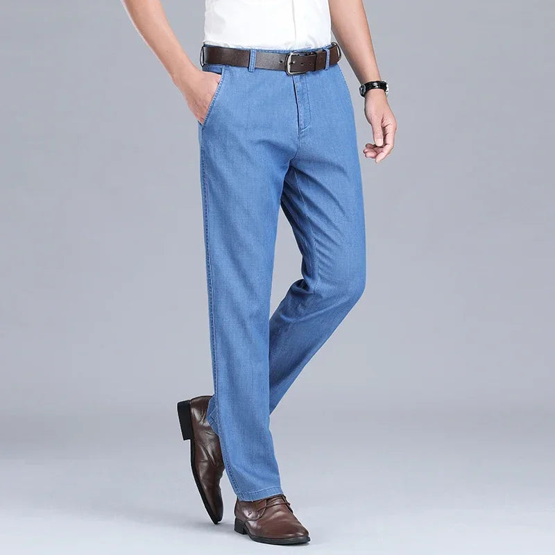 2024 New Men's Thin Lyocell Fabric Loose Jeans Light Blue Business Fashion Stretch Denim Trousers Male Clothing Brand Pants