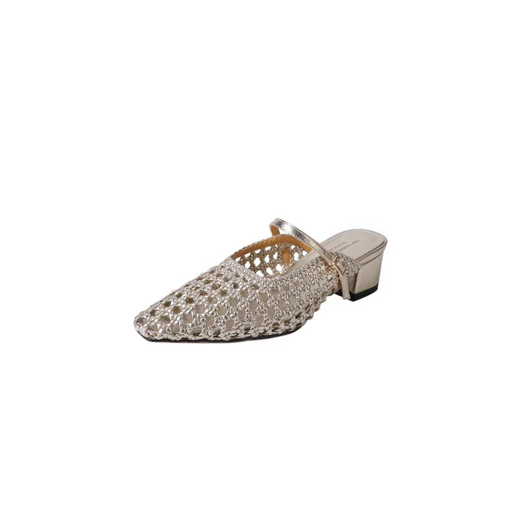 NEW Summer Women Mules Fabric Shoes for Women Pointed Toe Chunky Heel Shoes Cover Toe Slingback Shoes Soft Hollow Modern Sandals