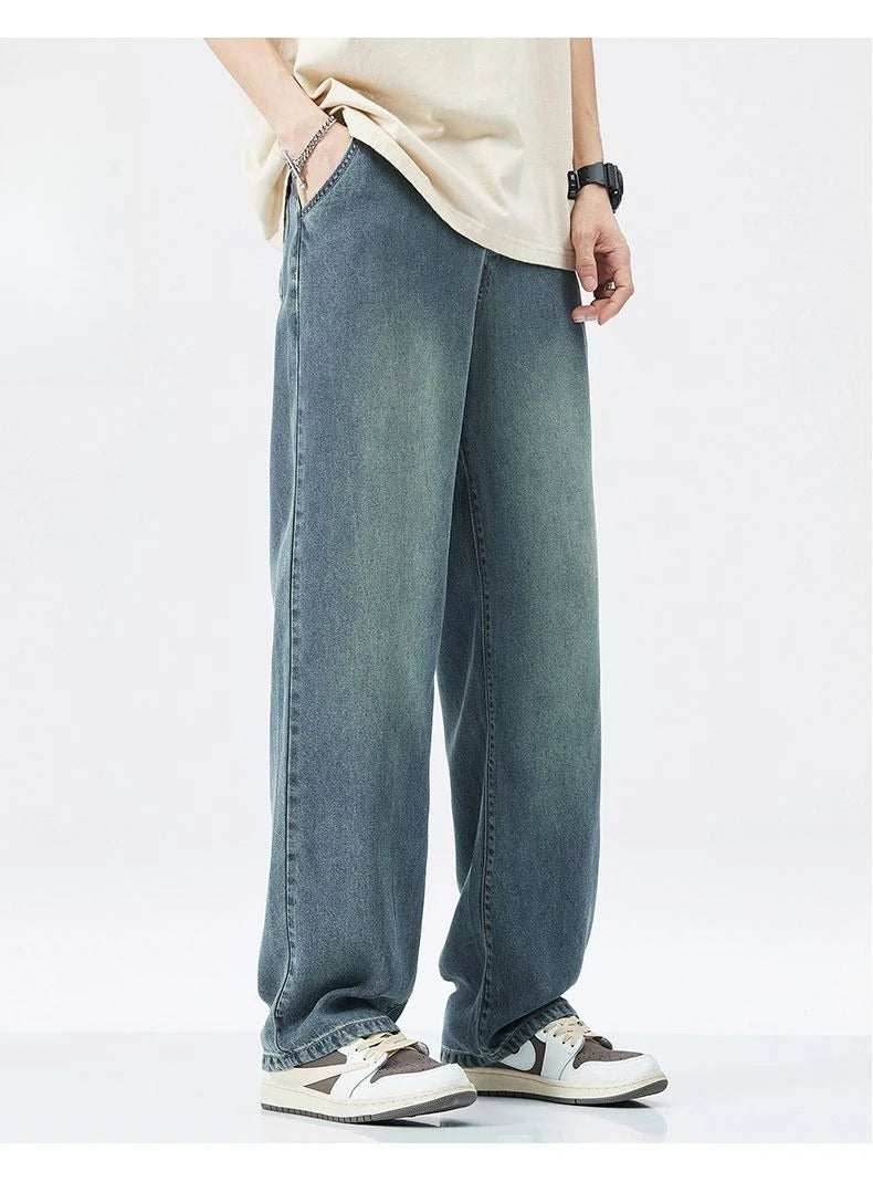 Lyocell Summer New Straight Jeans Men's Fashion Vintage Y2k Pants Streetwear Male Loose Casual Male Wide Denim Trousers baggy