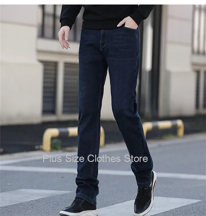 Tall Man Fleece Jeans 117CM Extra Long Stretched Plus Size 42 44 Fit Trousers Warm Autumn Winter High Waist Denim Pants Trousers