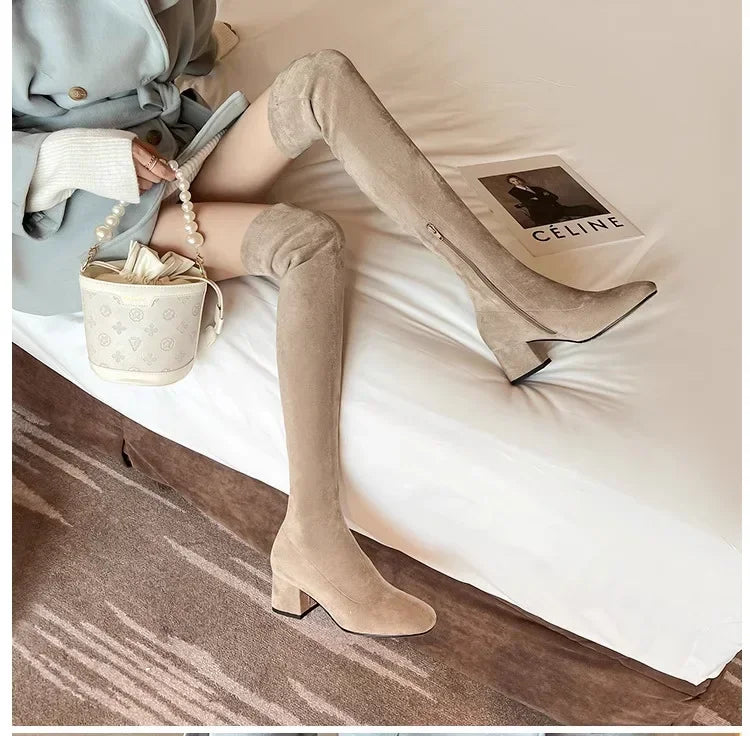 Elastic Long Faux Suede Boots Woman Over-the-knee Boots Casual Black Platform Shoes for Women Autumn Ladies Bottes 2024