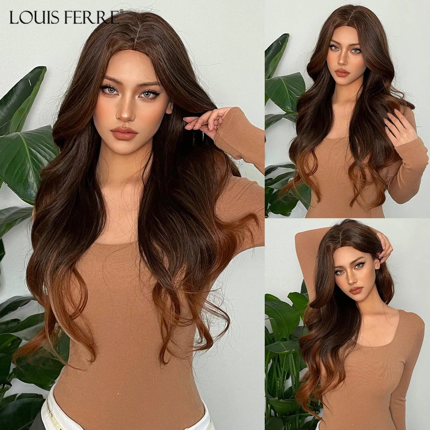 LOUIS FERRE Brown Blonde Highlights Wigs For Women Daily Long Wavy Curly Synthetic Wigs Natural Heat Resistant Hair With Bangs