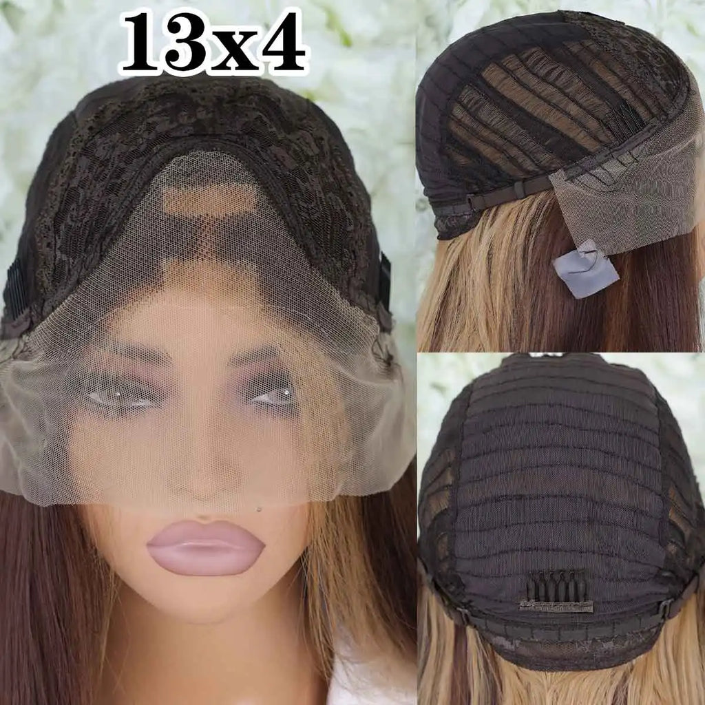 Long Silky Straight Highlight Honey Blonde Ombre Color Synthetic 13X4 HD Lace Frontal Wig Prepucked With Baby Hair Glueless Wig