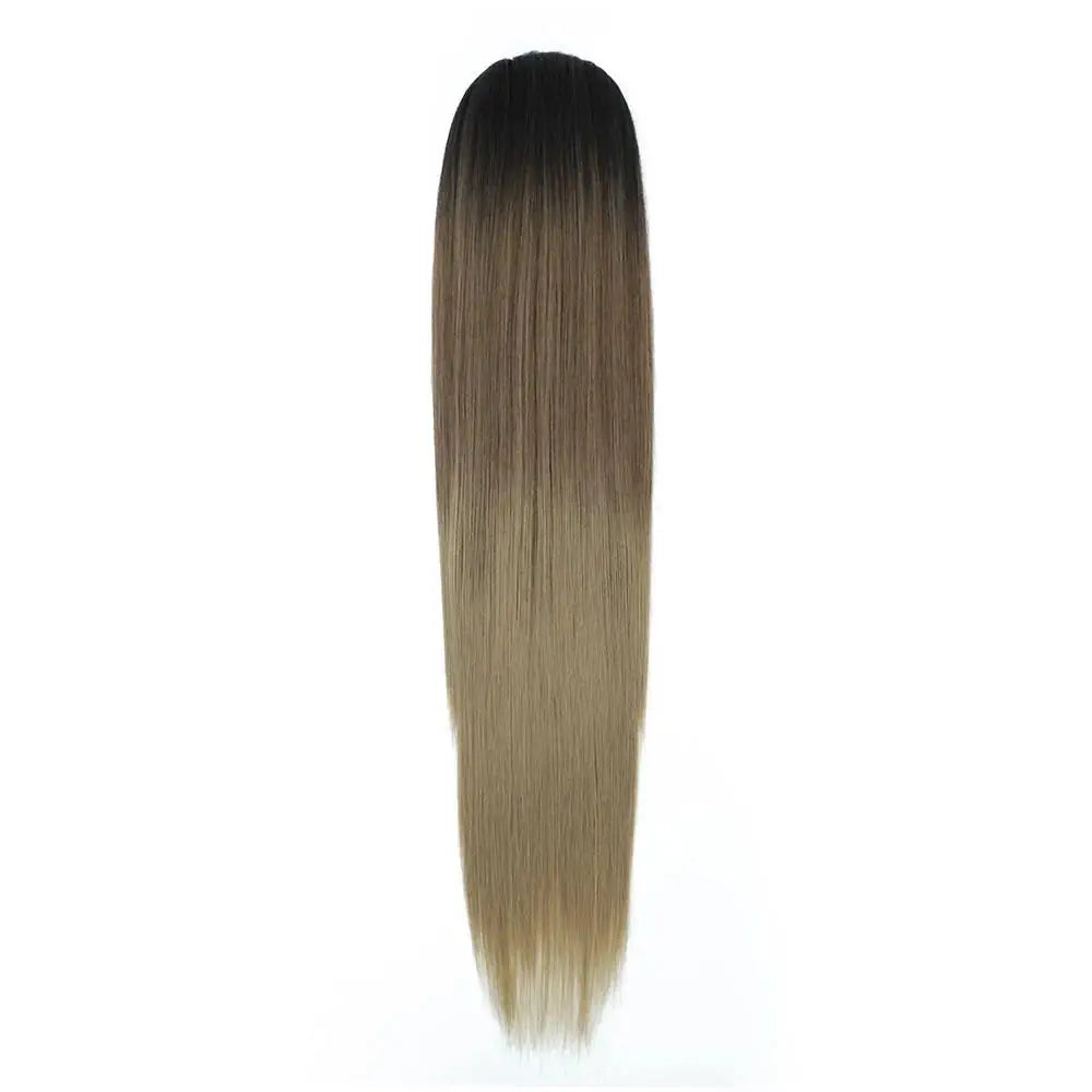 28Inch Straight Ponytail Blond Highlight 12/613 Ombre Brown Hair Extension With Clip 180Gram High Temperature Bio Synthetic Hair