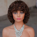 #4 Brown Deep Wave Short Bob Wigs Wear and Go Pre plucked Curly Hair Bob Wig Human Hair Glueless Wigs With Bangs Machine Made