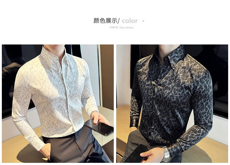 Men Dress Shirt 2024 Solid Casual Long Sleeve Slim Fit Print Shirt Fashion Formal Social Banquet Tuxedo Wedding Men Clothing
