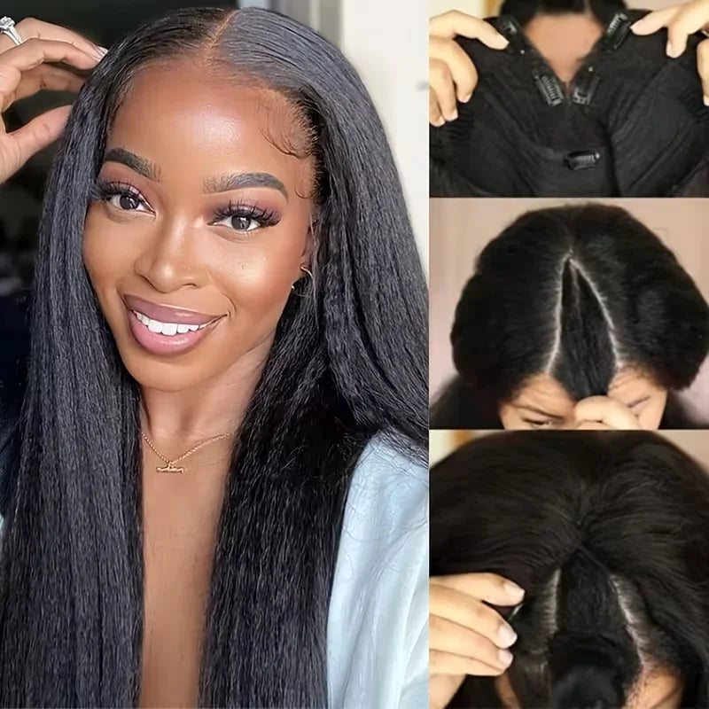 FRIZIRA kinky Straight V Part Brazilian Virgin Human Hair Wigs Glueless Upgrade U Part Wig Glueless V Shape Wig Natural Black