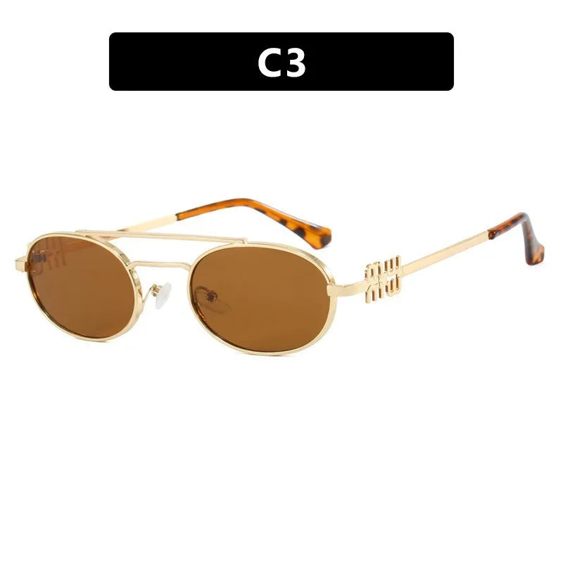 1PC Fashionable Metallic Double Beam Elliptical Sunglasses for Women New Versatile and Personalized Sunglasses for Spicy Girls