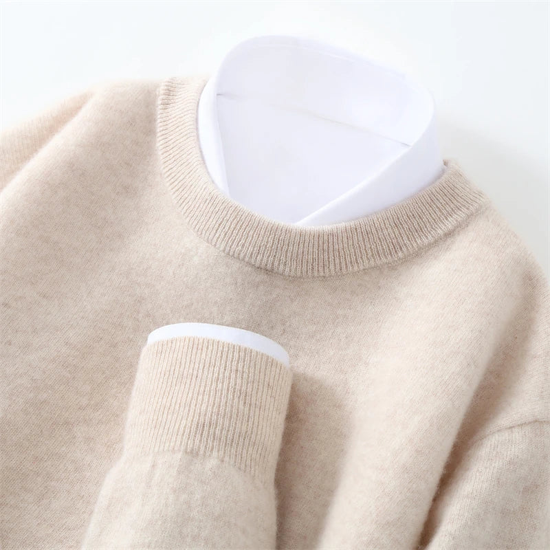 Autumn/Winter Men's 100% Pure Cashmere Pullover Business Casual Solid Knitted Sweater Loose Round Neck Tops Thick Warm Jumper
