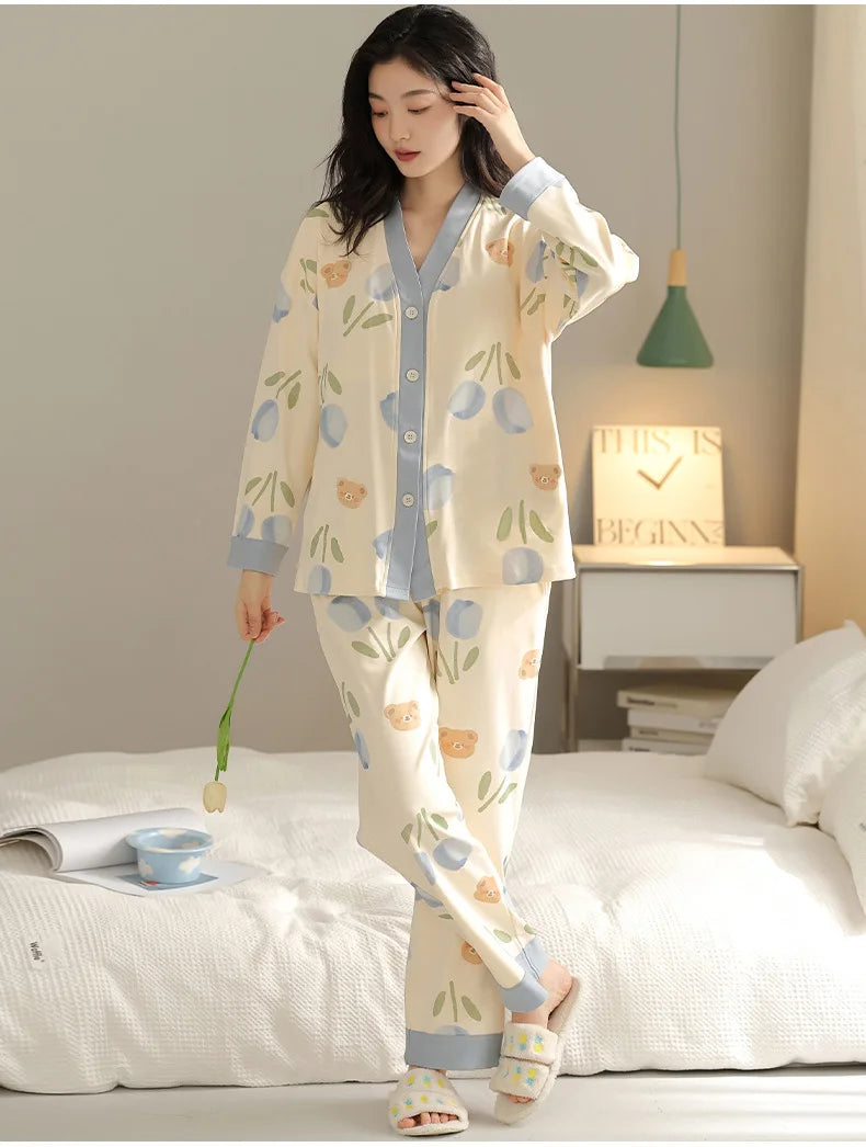 Y2k Women's 100% POLYESTER Pajamas with Cartoon Print Korean Fresh Ins Style Harajuku Lounges 2pcs 2024 New Spring/fall Homewear