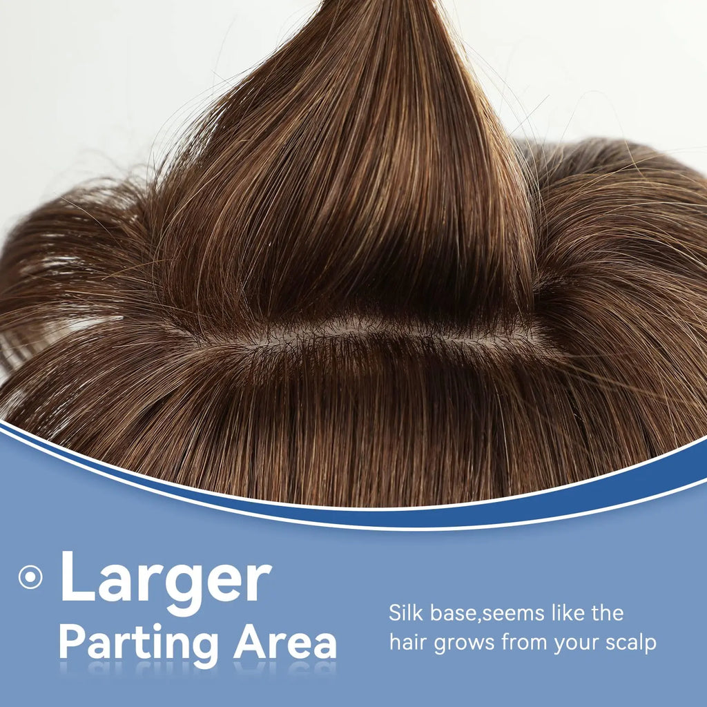 14 Inch Brown Silk Base Remy 100%Human Hair Toppers Clip-In Top Hairpiece for Women Natural Straight Hair Extensions