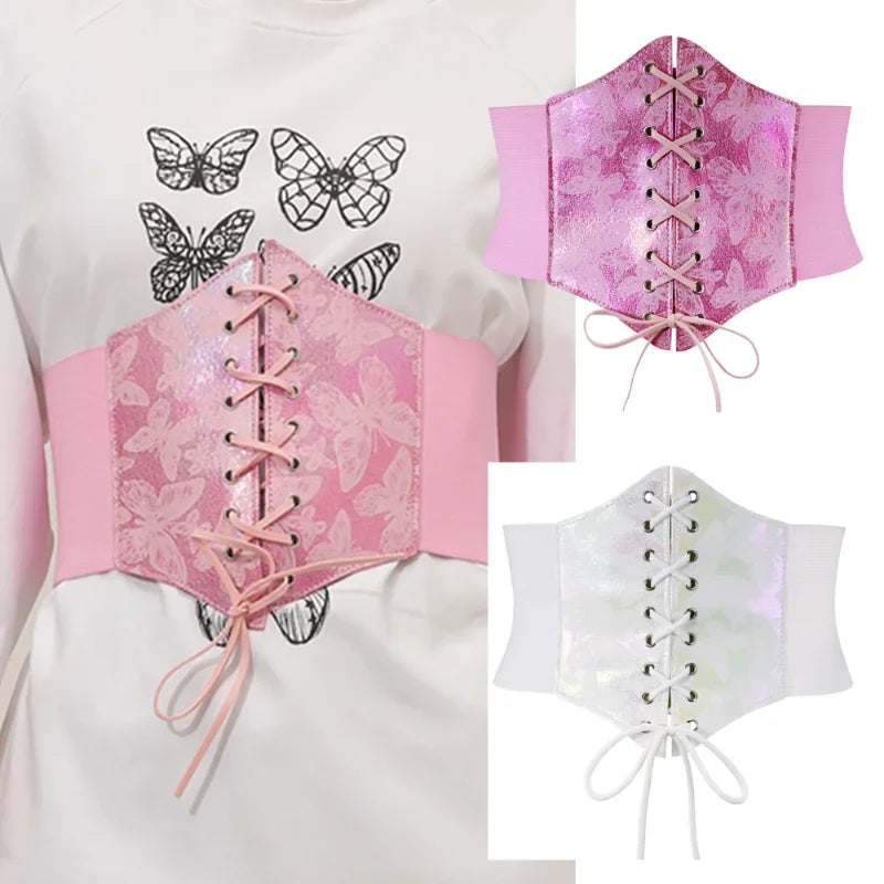 Gothic Wide Elastic Underbust Butterfly Printed Corsets for Women PU Leather White Pink Gorset Belt Top Waist Trainer Y2k Belt