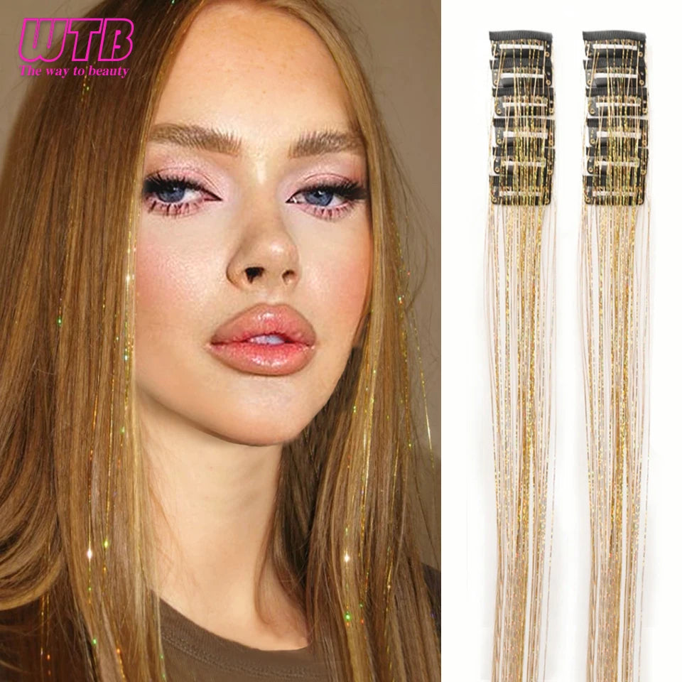 12Pcs Clip in Hair 20 Inch Synthetic Colorful Glitter Tinsel Hair Extension Fashion Party Christmas New Year Gift for Women Hair