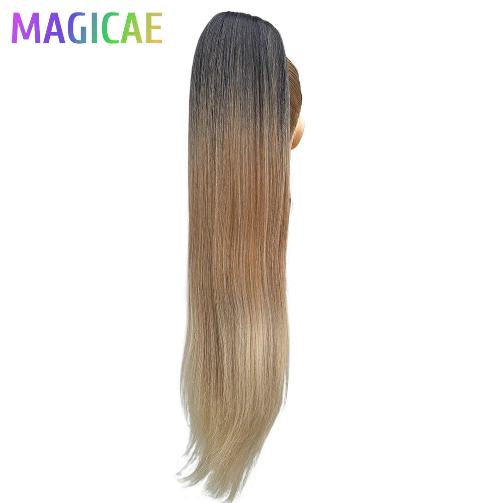 28Inch Straight Ponytail Blond Highlight 12/613 Ombre Brown Hair Extension With Clip 180Gram High Temperature Bio Synthetic Hair