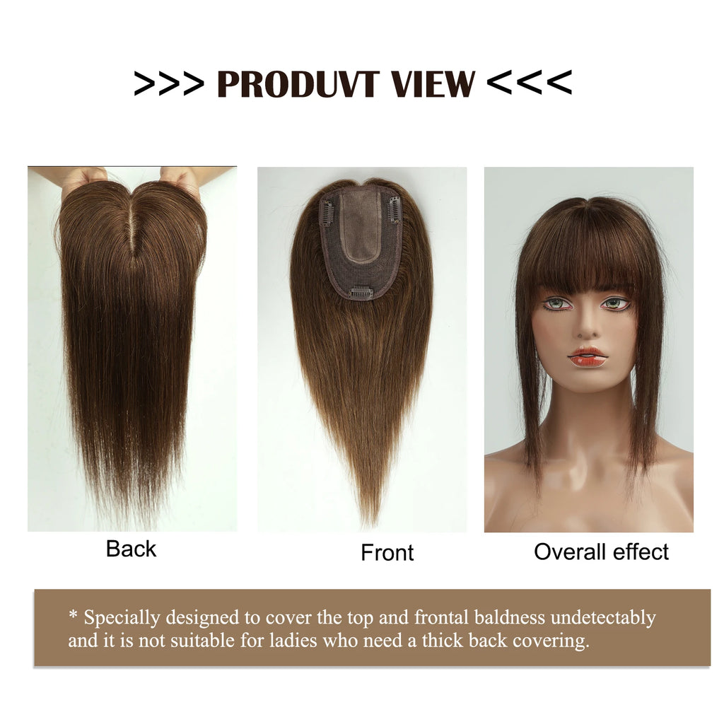 14 Inch Brown Silk Base Remy 100%Human Hair Toppers Clip-In Top Hairpiece for Women Natural Straight Hair Extensions