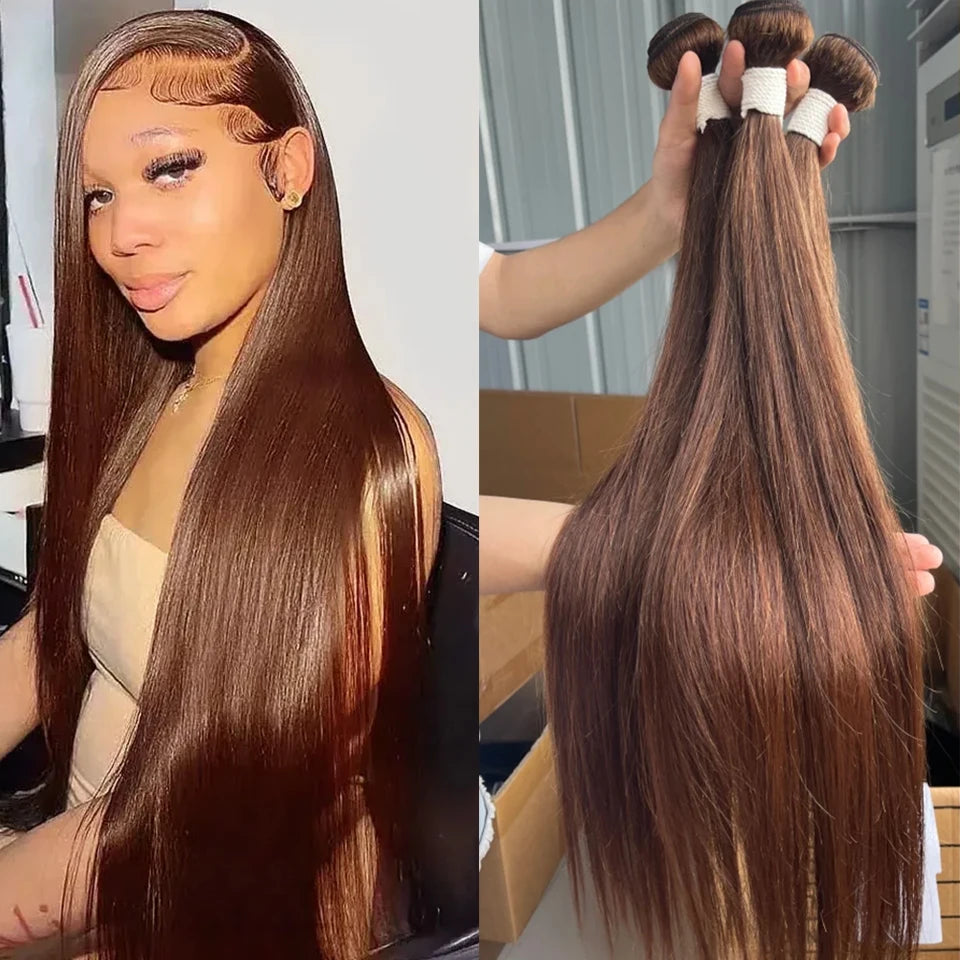 Clearance Cheap #4 Color Straight Human Hair Bundles With Closure Brazilian Virgin Human Hair Weave Bundles With HD Lace Closure