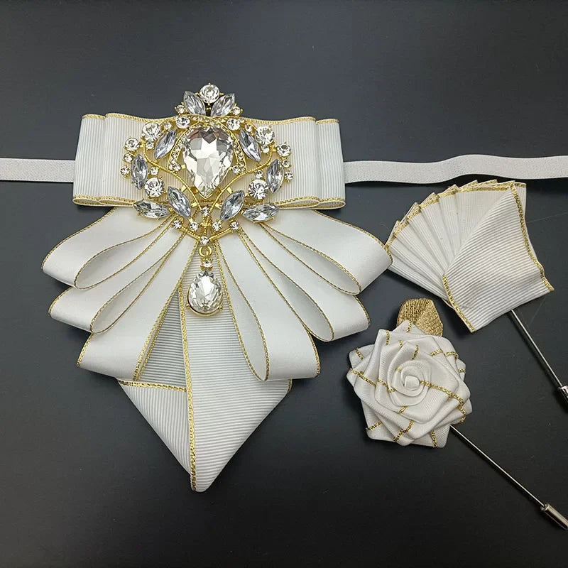 Vintage British Banquet Suit Shirt Collar Flowers Luxury French Men's Jewelry Bow Chest Clip 3-piece Set Wedding Bows Brooch Set