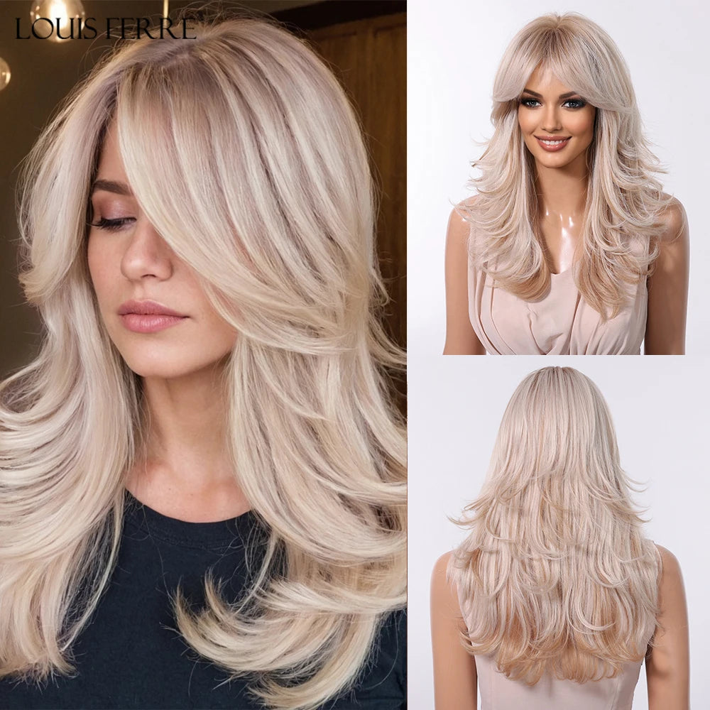 LOUIS FERRE Brown Blonde Highlights Wigs For Women Daily Long Wavy Curly Synthetic Wigs Natural Heat Resistant Hair With Bangs