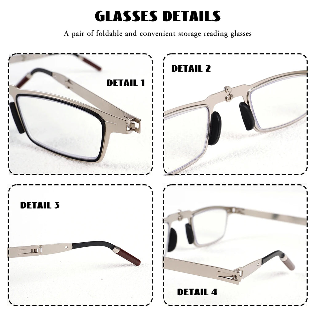 Portable Foldable Reading Glasses That Can Be Attached to the Back of a Phone as a Phone Stand, Minimalist Style Stainless Steel Reading Glasses, +100 to +400, Unisex