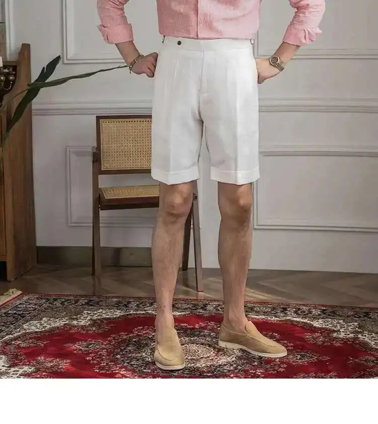 100% Linen Summer Straight Naples Shorts Men Solid Color Business Dress Pants Office Social Casual Slim Fit Shorts