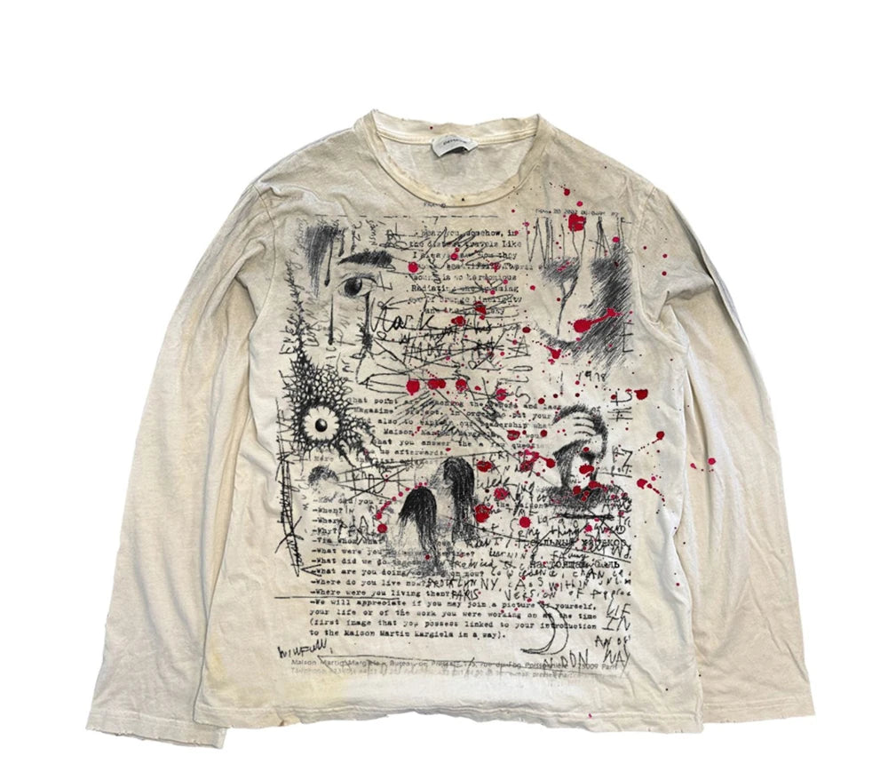 Vintage Washed Long Sleeves T-Shirt Summer Graffiti Printed Destroyed Dirty T Shirt Hip Hop Streetwear Cotton Tops Tees