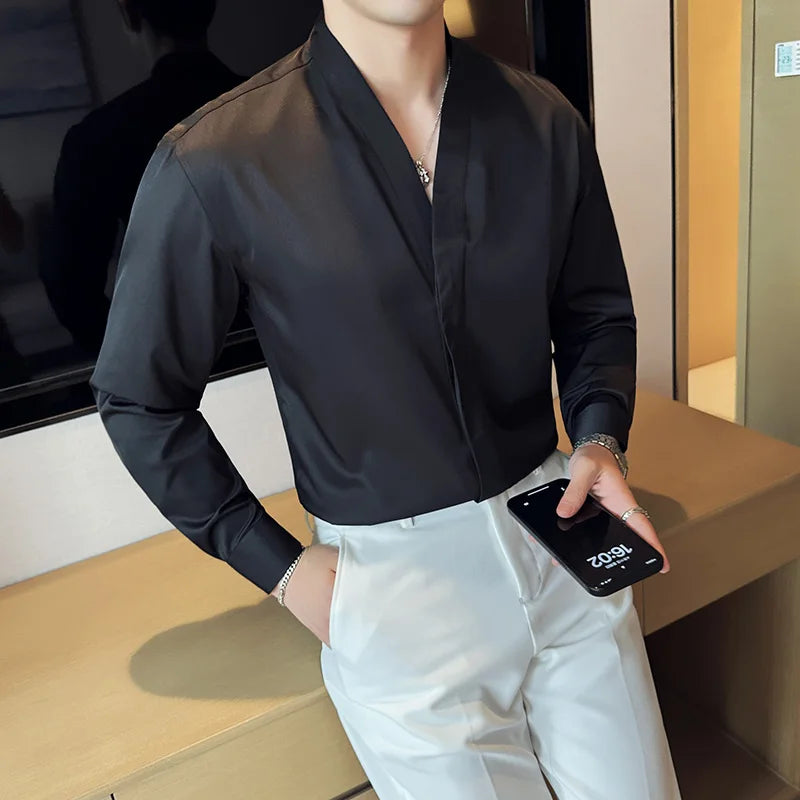 High Quality Collarless Shirts Men Fashion Slim Fit Long Sleeve Casual Shirts Business Office Social Formal Shirt Men Clothig