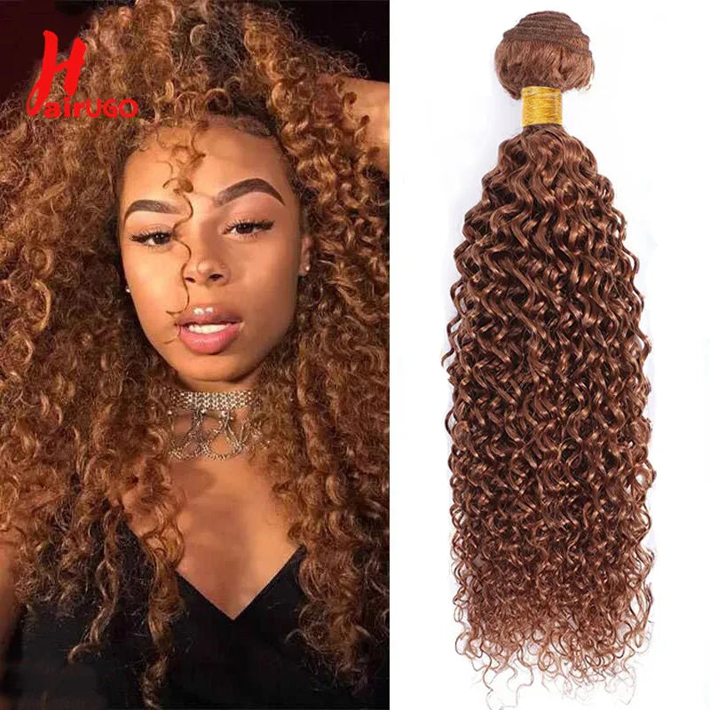 HairUGo Brazilian Kinky Curly Hair Bundles 27# Brown Remy 1/2/3 Kinky Curly Human Hair Weave Hair Extensions Blonde Hair Weaving