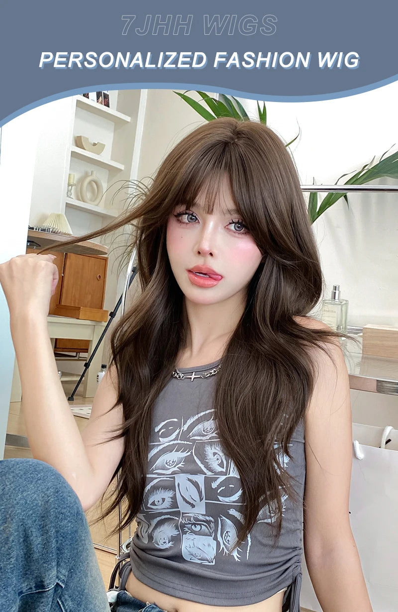 7JHH WIGS Loose Body Wavy Brown Hair Wigs with Neat Bangs High Density Synthetic Fashion Wave Wig for Women Natural Looking