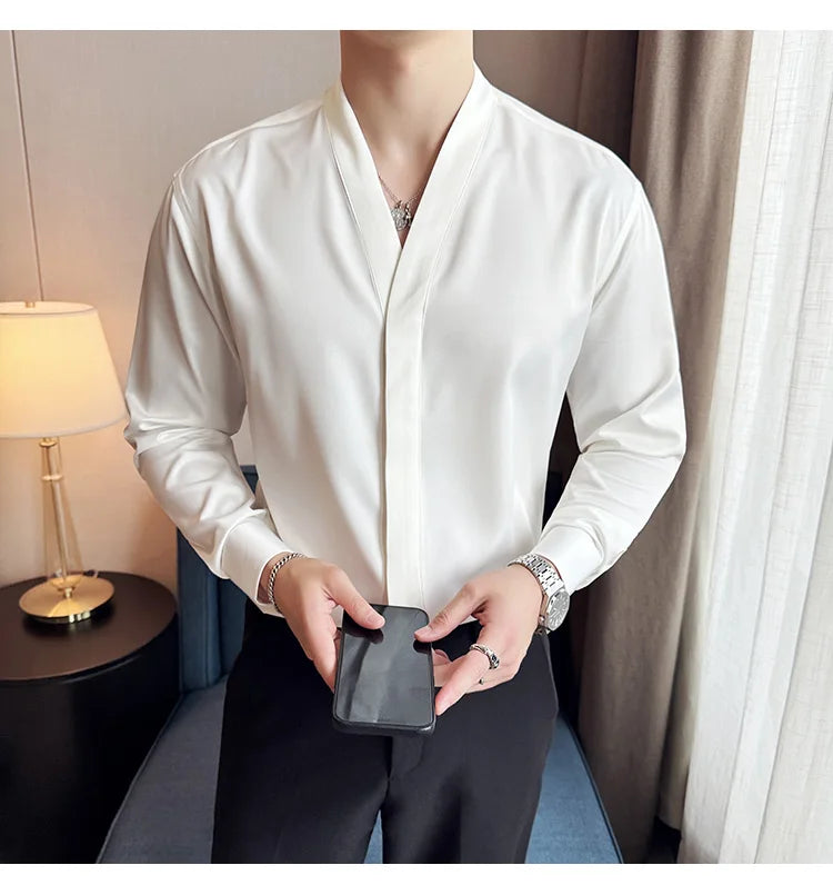 High Quality Collarless Shirts Men Fashion Slim Fit Long Sleeve Casual Shirts Business Office Social Formal Shirt Men Clothig