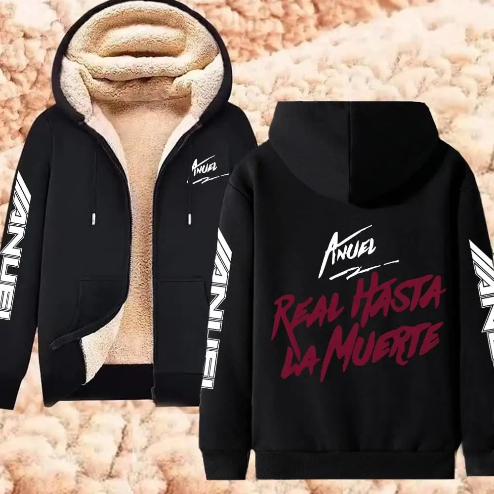 Anuel AA Printed Hoodies Real Hasta La Muerte Casual Zipper Jackets Thicken Lambswool Men Women Clothing Oversized Y2K Clothes