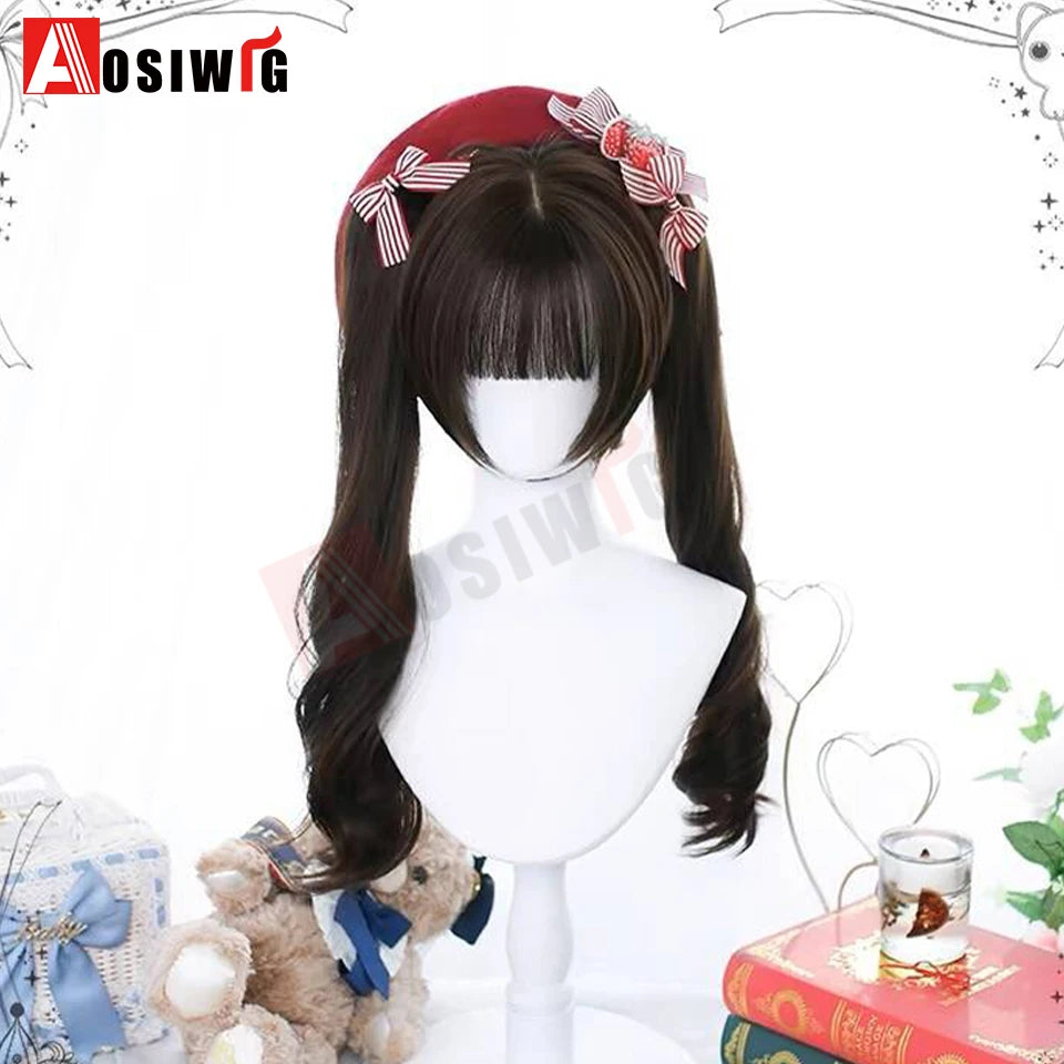 AOSI Synthetic Long Curly Wig Double Ponytail Cute Lolita Women Wigs Halloween Cosplay Style Blonde Brown Party Wig