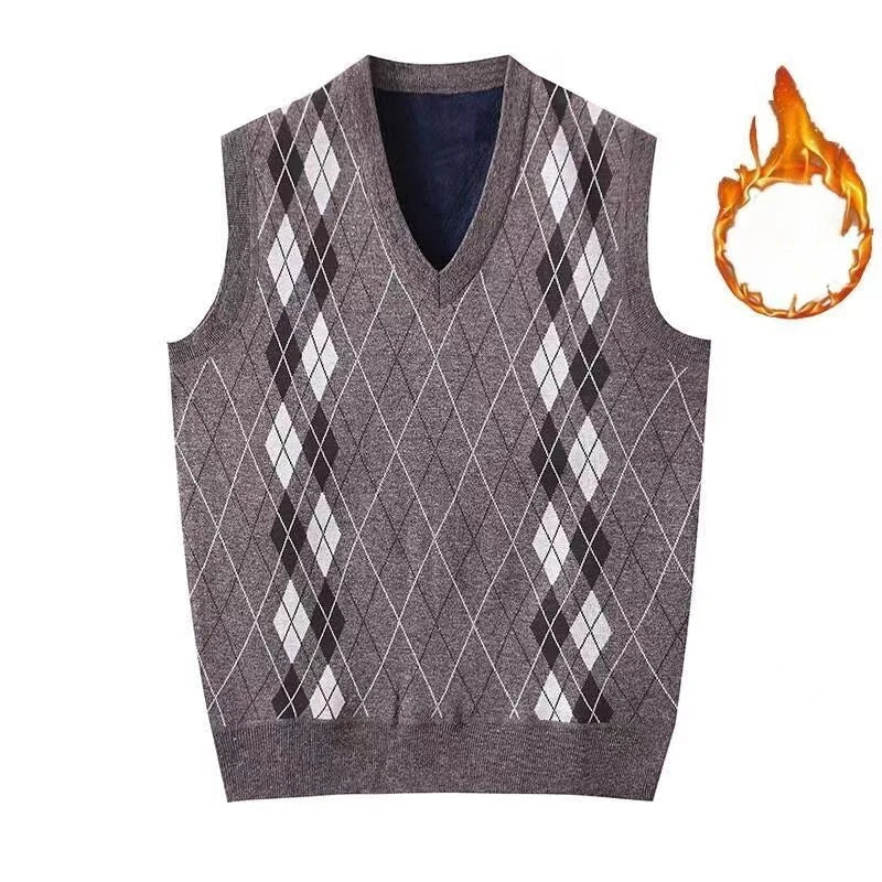 Fashion Vintage Winter Argyle Elastic Sweaters Vest Plus Fleece Thermal V-neck Sleeveless Loose Knitted Comfortable Pullover Top
