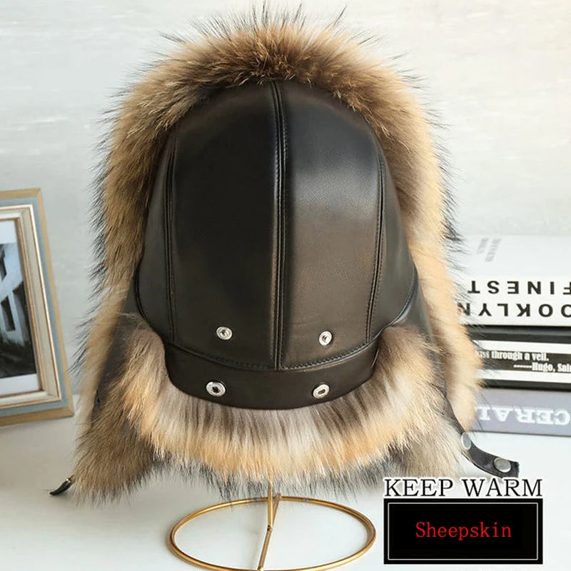 Natural Raccoon Fur Hat Women Black Fox Fur Russian Ushanka Hats Winter Warm Ears Bomber Cap