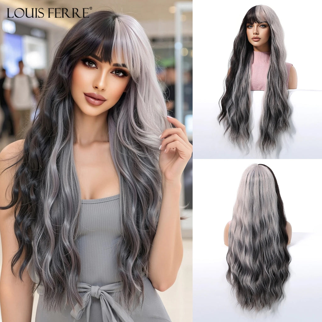 LOUIS FERRE Brown Blonde Highlights Wigs For Women Daily Long Wavy Curly Synthetic Wigs Natural Heat Resistant Hair With Bangs