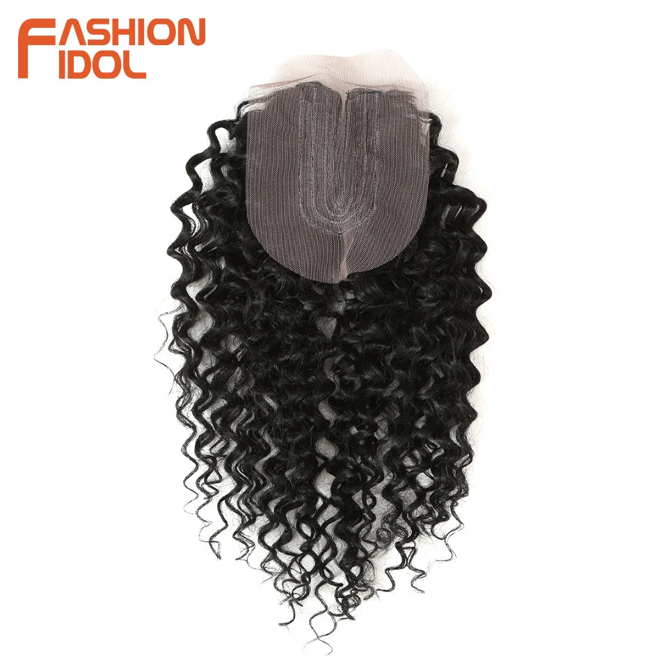 FASHION IDOL 16 18 20inch 240g/7pcs Afro Kinky Curly Hair Synthetic With Closure Ombre Color Kinky Curly Bundles Hair Extensions