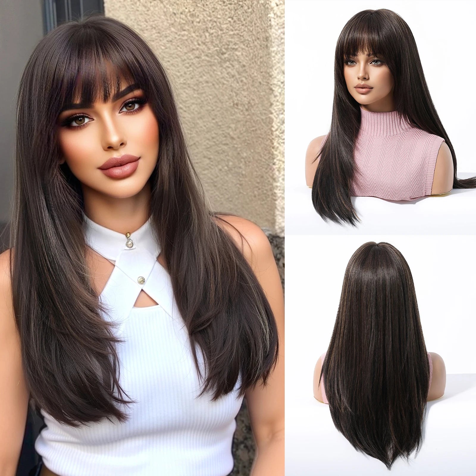 EASIHAIR Purple Synthetic Wigs for Women Long Straight Layered Hair Wigs With Side Bangs Ombre Purple Black Wigs Heat Resistant