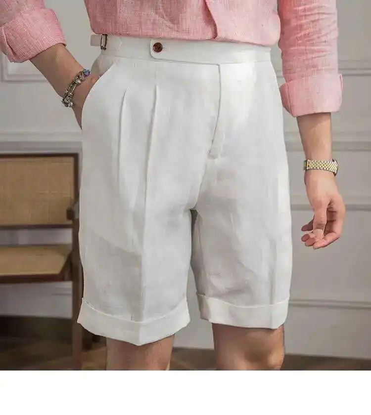 100% Linen Summer Straight Naples Shorts Men Solid Color Business Dress Pants Office Social Casual Slim Fit Shorts