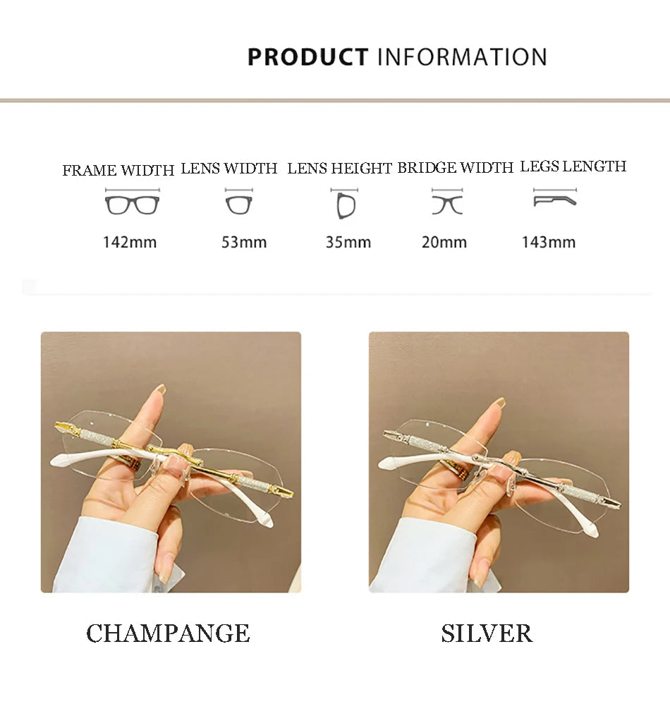High Definition Lens Reading Glasses Women's Trendy Rimless Anti Blue Light Farsighted Eyewear Prescription Diopter Eyeglasses