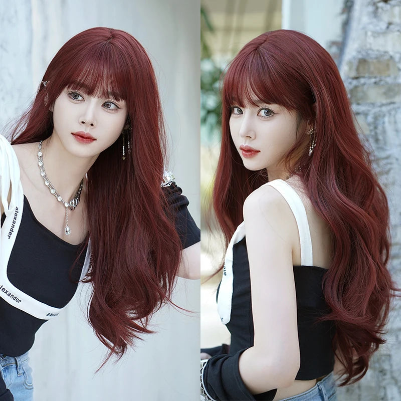 7JHH WIGS Body Wavy Wig Long Loose Curly Brown Wig for Women Daily Use High Density Synthetic Layered Hair Wigs with Bangs