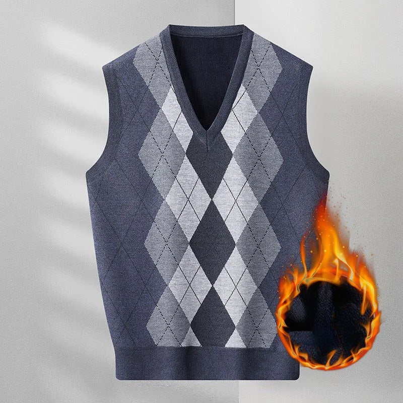 Fashion Vintage Winter Argyle Elastic Sweaters Vest Plus Fleece Thermal V-neck Sleeveless Loose Knitted Comfortable Pullover Top