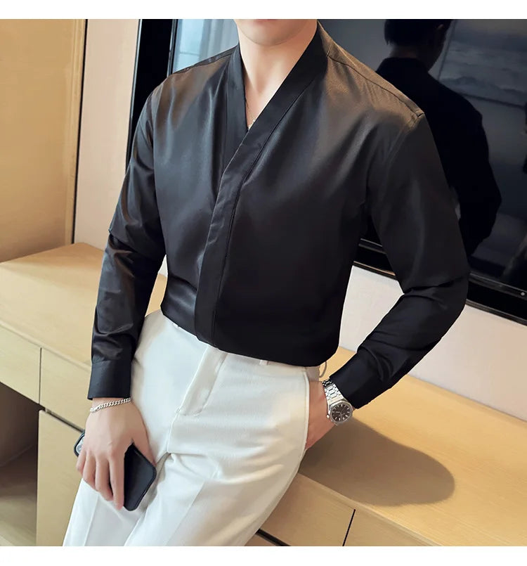 High Quality Collarless Shirts Men Fashion Slim Fit Long Sleeve Casual Shirts Business Office Social Formal Shirt Men Clothig