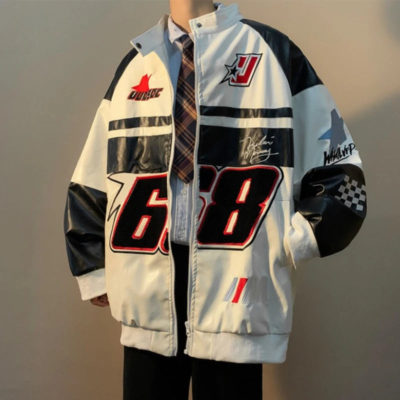 Gmiixder American Hip-hop Racing Coat Motorcycle Leather Jacket Men's Flocked Embroidery Loose Casual Windproof Punk Vibe Jacket