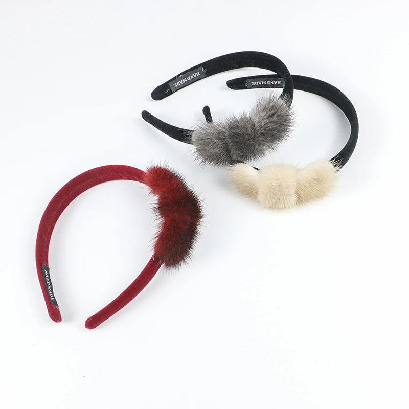 Real Mink Cosmetic Headbands Women High Quality Bow Hair Bands hair accessory Fashion Plush Hair Clips cute Real Fur Gifts