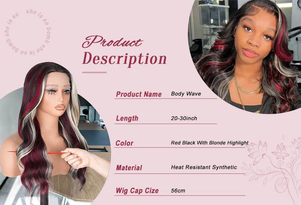 Black With Red Highlight Wig Synthetic Lace Front Wig 13X4 Pre plucked Hairline With BabyHairWomen's Wig with Density Lace Front