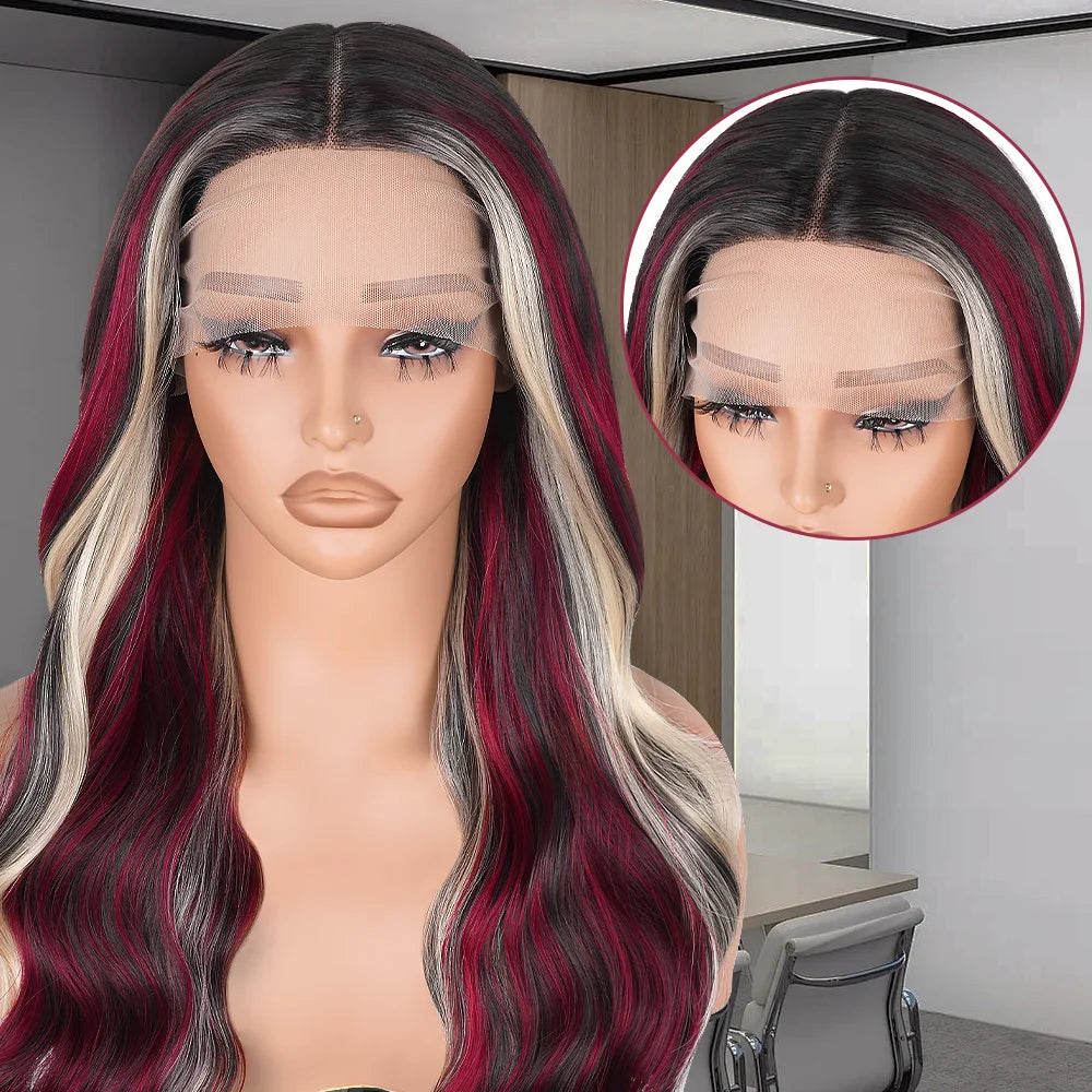 Black With Red Highlight Wig Synthetic Lace Front Wig 13X4 Pre plucked Hairline With BabyHairWomen's Wig with Density Lace Front