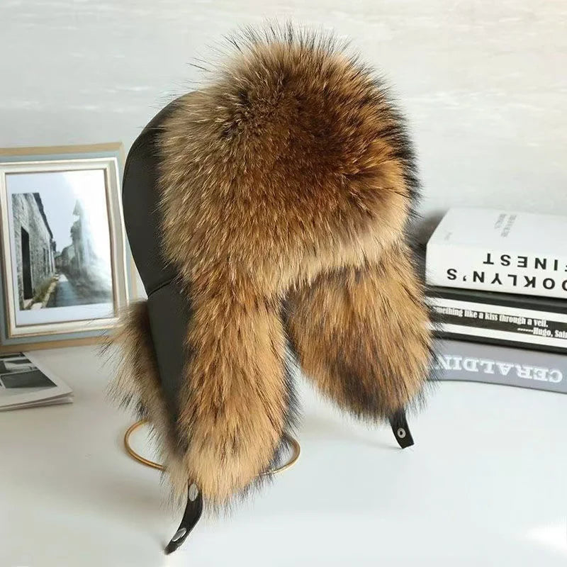 Natural Raccoon Fur Hat Women Black Fox Fur Russian Ushanka Hats Winter Warm Ears Bomber Cap