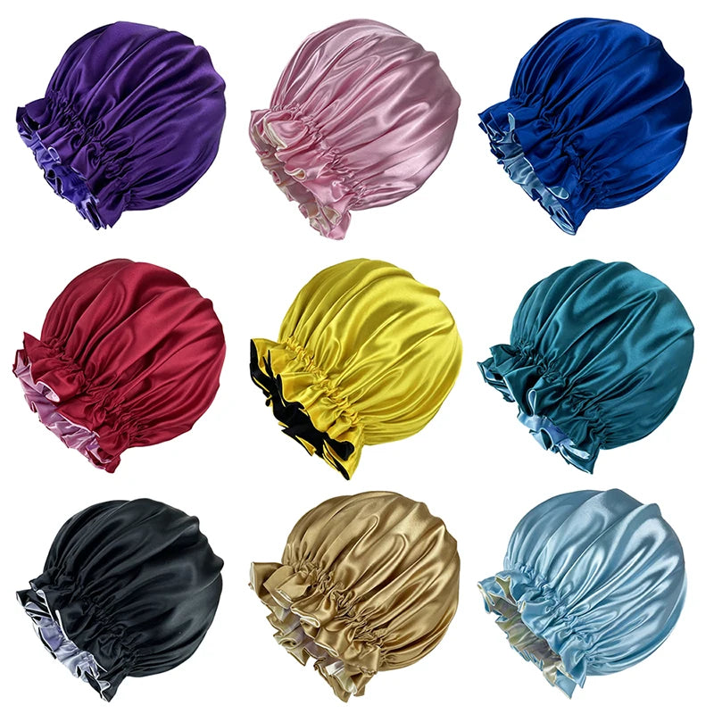 New Solid Women Satin Bonnet Fashion Stain Silky Big Bonnet for Lady Sleep Cap Headwrap Hat Hair Wrap Accessories Wholesale