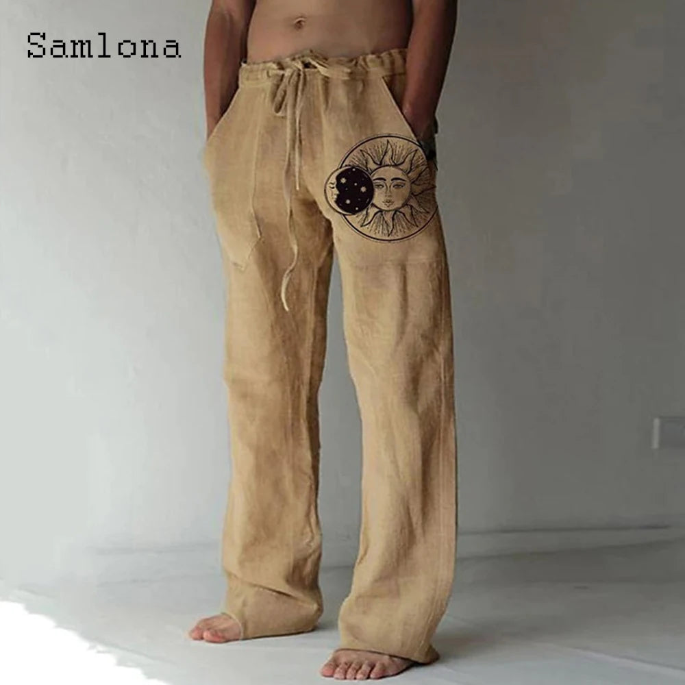 Samlona 2025 Men's Pocket Design Linen Pants Drawstring Loose Trouser Plus Size 3xl Mens Fashion Birds Feather Print Sweatpants